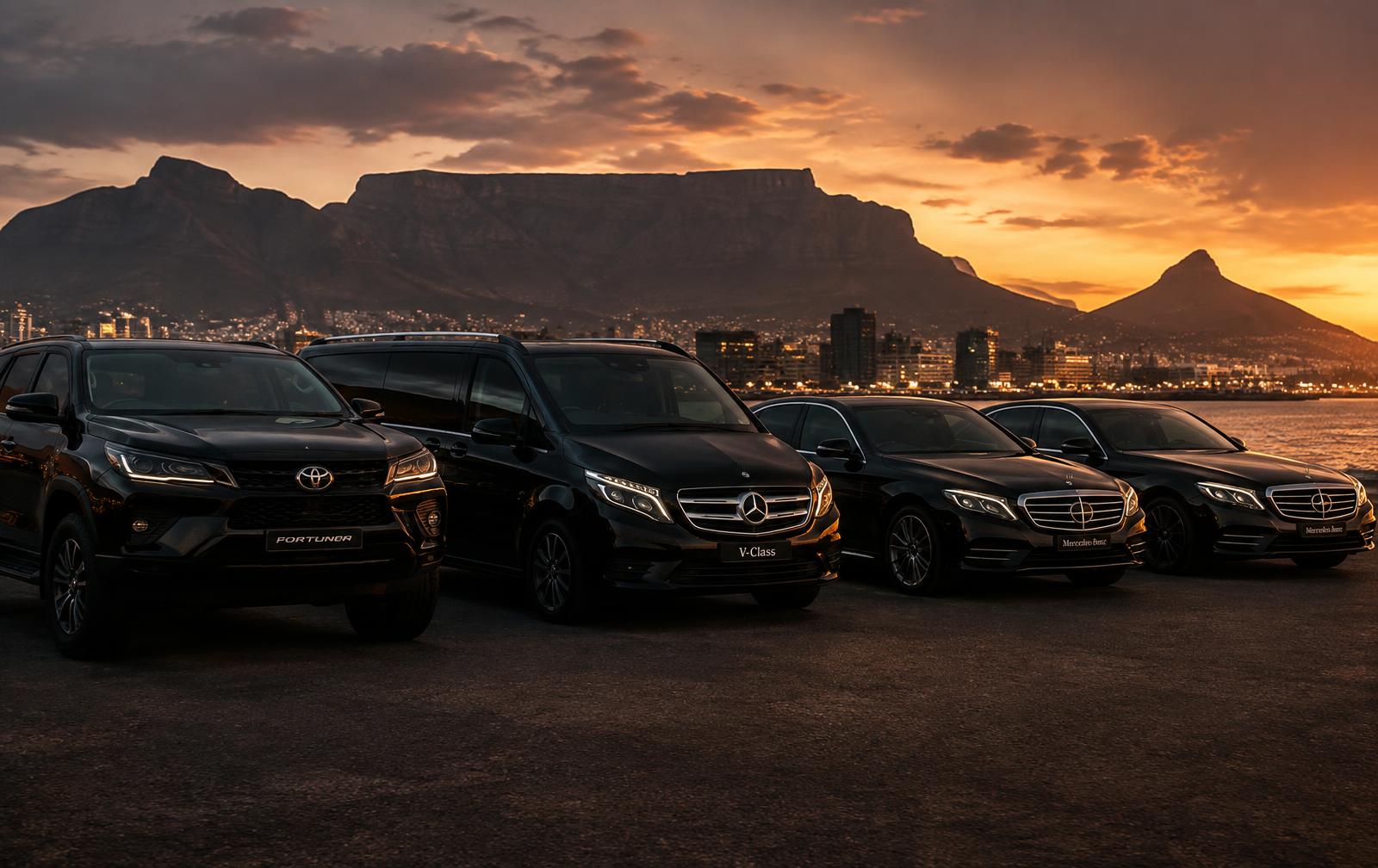 Chauffeur Exclusive fleet at dusk with Table Mountain